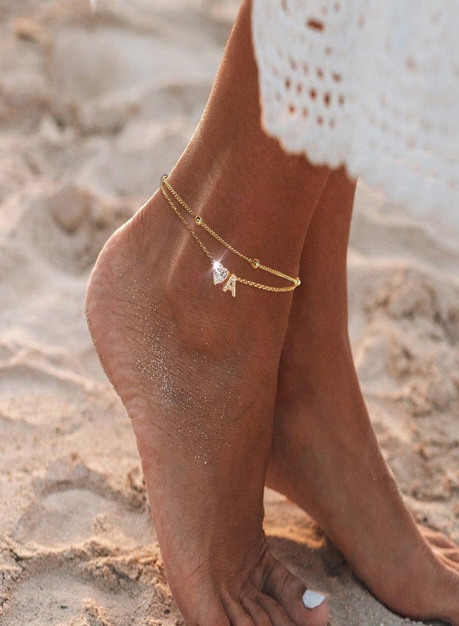 MYYOII Ankle Bracelets for Women Waterproof 14K Gold Plated CZ Initial Anklet for Women Dainty Layered Letter Heart Ankle Bracelets Handmade Adjustable Foot Chain Anklet Summer Beach Jewelry J - Image 5